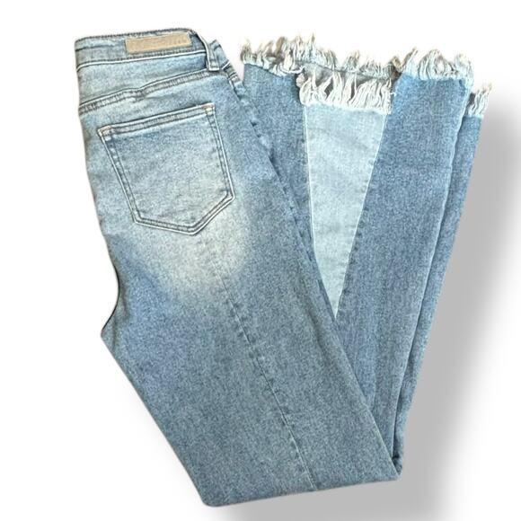 Cello Jeans Denim - Cello Light Wash Wide Flare Jeans Size 11 Patchwork Panel Raw Hem Y2K Style